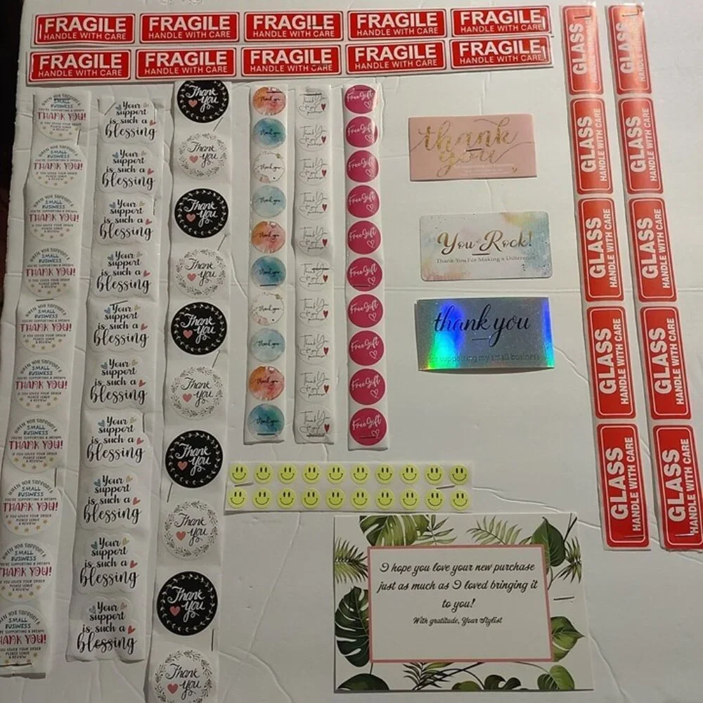 120 PIECES OF ASSORTED business stickers, thank you notes, fragile/glass labels,